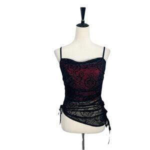 Y2K Black Lace Sheer Cami Tank Top Stretch Ruched Whimsigoth Fairy Grunge Large